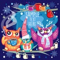 Merry Christmas card with Owls