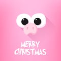 Merry Christmas card with pig nose, cartoon eyes and text on pink background. Flat design