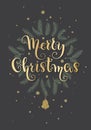 Merry Christmas card, poster. Season`s Greetings. Handwritten gold lettering with decorative twigs. Brush pen lettering