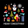 Merry christmas card with retro pixel characters on black background.