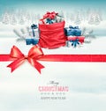 Merry Christmas card with a ribbon and gift boxes. Royalty Free Stock Photo