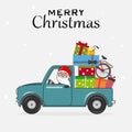 Merry Christmas card. Santa Claus in car carrying gifts. Royalty Free Stock Photo