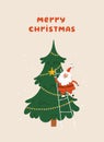 Merry Christmas Card with Santa Claus character. Cute Santa decorating Christmas tree. Vector flat cartoon illustration. Royalty Free Stock Photo