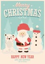 Merry Christmas card with Santa Claus, snowman and reindeer, winter landscape