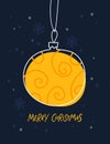 Merry Christmas card. Simple modern yellow Christmas ball with snow on dark blue background with snow. Marry Christmas