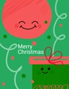 Merry Christmas card. Smiling gift box and tree ball characters. Festive background with New Year confetti and