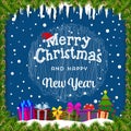 Merry Christmas card with snow, icicles, christmas tree and gif