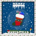 Merry christmas card with snow, icicles, sock with gifts and christmas trees on blue background with Merry Christmas text.