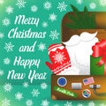 Merry Christmas card with snowflakes. Santa Claus travel suitcase. Santa Claus elements.