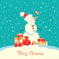 Merry Christmas card with snowman and bullfinch bird