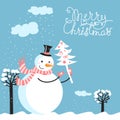 Merry Christmas card with snowman