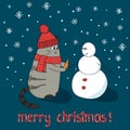 Merry Christmas card template. Cute cartoon cat and snowman Royalty Free Stock Photo