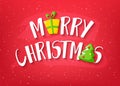Merry Christmas card with text, christmas tree and gift on red background. Vector