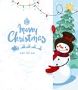 Merry Christmas Card With Text, Funny Snowman, Christmas Tree And Garland, Modern Template For New Year Design. Flat