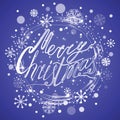 Merry Christmas card with text, snow, glittering snowflake, ice round frame Royalty Free Stock Photo