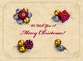 Merry Christmas Card with Textured Background and Red Gold Ornaments with Text for Seasons Greetings Royalty Free Stock Photo