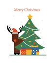 Merry christmas card, tree, gifts and deer