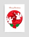 Merry Christmas card vector design template. Paper cut craft style white angel silhouettes, holly berries in circle.