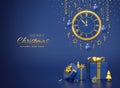 Merry christmas card. Watch with Roman numeral and countdown midnight, eve for New Year. Gold snowflake, balls, stars on blue