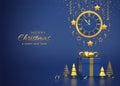 Merry christmas card. Watch with Roman numeral and countdown midnight, eve for New Year. Gold snowflake and stars on blue