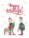 Merry Christmas card, watercolor illustration with Christmas elves Royalty Free Stock Photo