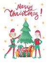 Merry Christmas card, watercolor illustration with Christmas elves, lettering Royalty Free Stock Photo