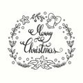 Merry Christmas Card. Winter Holiday Typography. Handdrawn Lettering. Frame With Line Art Christmas Elements.