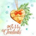 Merry Christmas card with wooden heart Royalty Free Stock Photo