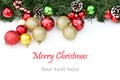 Merry christmas card of xmas ornaments on white background with space for text