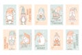 Merry Christmas cards collection with cute pastel hand drawn gnomes, Christmas trees and letterings isolated on white background. Royalty Free Stock Photo