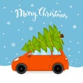 Merry christmas cartoon card with car driving home for xmas with pine tree bound on a roof