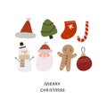 Merry Christmas. Cartoon gingerbread man, christmas tree, snowman, Santa Claus, hand drawing lettering. holiday theme. Royalty Free Stock Photo