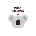 merry Christmas. Cartoon koala, hand drawing lettering. holiday theme. Colorful vector illustration, flat style.