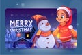 Merry Christmas cartoon landing with girl, snowman Royalty Free Stock Photo