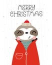 Merry Christmas. Cartoon sloth, hand drawing lettering, decor elements. holiday theme. Colorful vector illustration, flat style. d