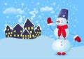 Merry Christmas. Cartoon snow man in red hat and and falling snow. Vector illustration Royalty Free Stock Photo