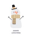 Merry Christmas. Cartoon snowman, hand drawing lettering. holiday theme. Colorful vector illustration, flat style. Royalty Free Stock Photo
