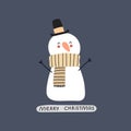 Merry Christmas. Cartoon snowman, hand drawing lettering. holiday theme. Colorful vector illustration, flat style. Royalty Free Stock Photo