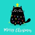 Merry Christmas cat fir tree shape. Garland lights bulb string Star. Kitty kitten sitting. Funny Kawaii animal Kids print. Cute