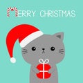 Merry Christmas. Cat holding red xmas gift box. Red Santa Claus hat. Cartoon kawaii character. Cute face icon. Kitten kitty. Funny Royalty Free Stock Photo