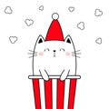 Merry Christmas Cat in popcorn box. Kitten red santa hat. Pop corn popping. Cute cartoon kawaii funny contour character. Movie