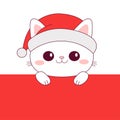 Merry Christmas cat. Red Santa Claus hat. White kitten. Contour line doodle pet. Smiling face, paws. Kawaii baby animal. Cute