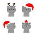 Merry Christmas. Cat set. Cute cartoon funny character. Gray face icon in red santa hat, dee horns. Kitten kitty. Funny kawaii Royalty Free Stock Photo