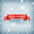 Merry Christmas celebration background with falling snow and red banner ribbon vector illustration Royalty Free Stock Photo