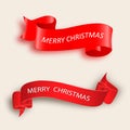 Merry Christmas celebration background with red realistic ribbon banner and snow. Royalty Free Stock Photo