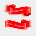 Merry Christmas celebration background with red realistic ribbon banner and snow. Royalty Free Stock Photo