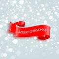 Merry Christmas celebration background with red realistic ribbon banner and snow. Royalty Free Stock Photo