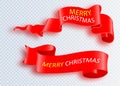 Merry Christmas celebration background with red realistic ribbon banner and snow. Royalty Free Stock Photo