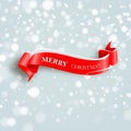 Merry Christmas celebration background with red realistic ribbon banner and snow Royalty Free Stock Photo