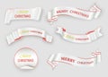 Merry Christmas celebration background with red realistic ribbon banner and snow. Royalty Free Stock Photo